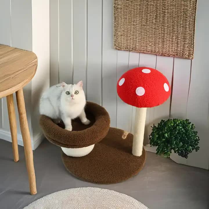 Mushroom-Themed Cat Tree with Cozy Bed and Scratching Post 48x48x58 cm