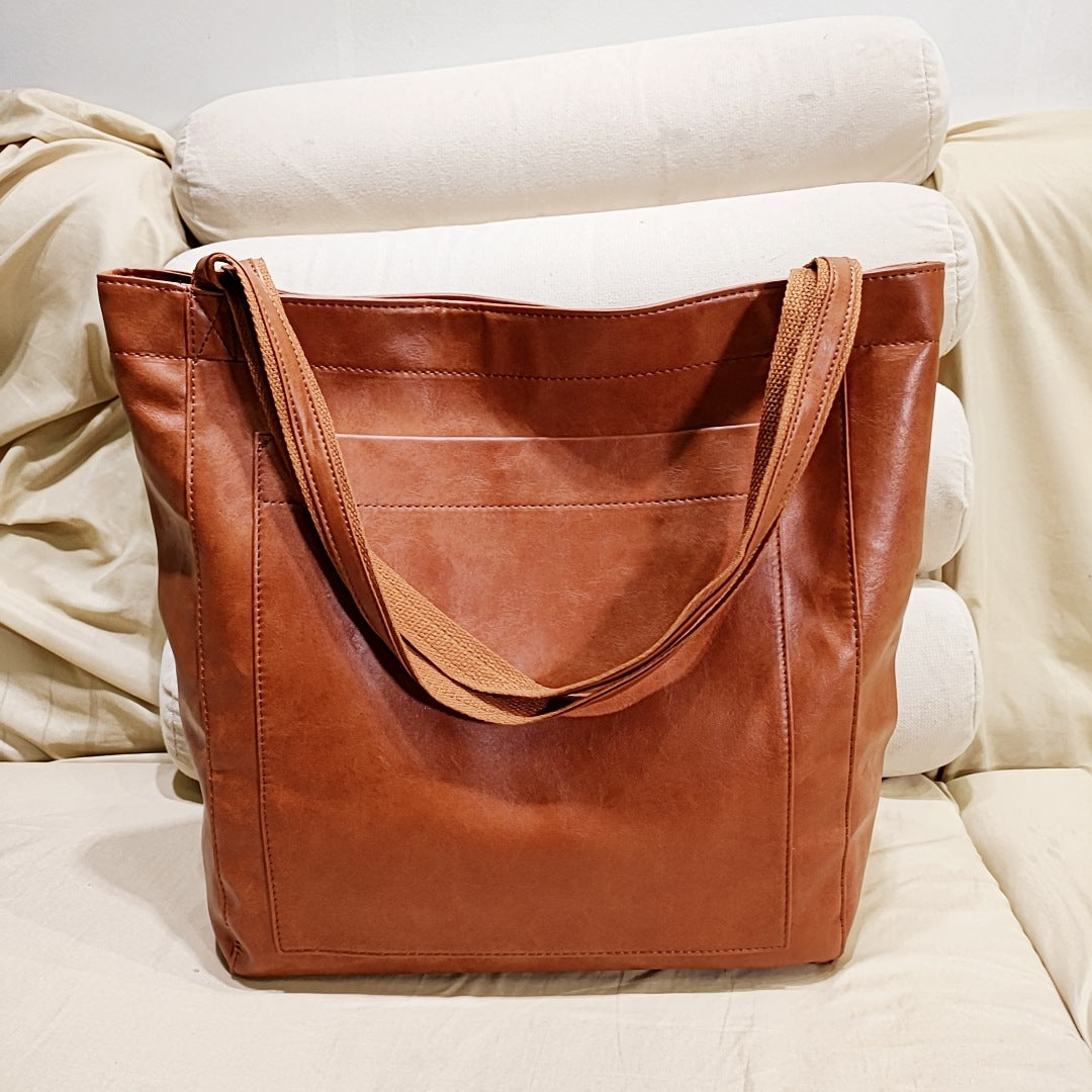 Vintage PU Leather Tote Bag - Stylish and Spacious Everyday Shoulder Bag  (darker brown)