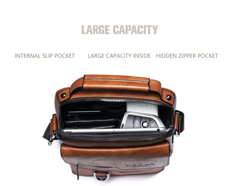 Men's Vintage Leather Shoulder Bag - Multi-Compartment Crossbody Messenger Bag 22cmL*8cmW*26cmHLight brown