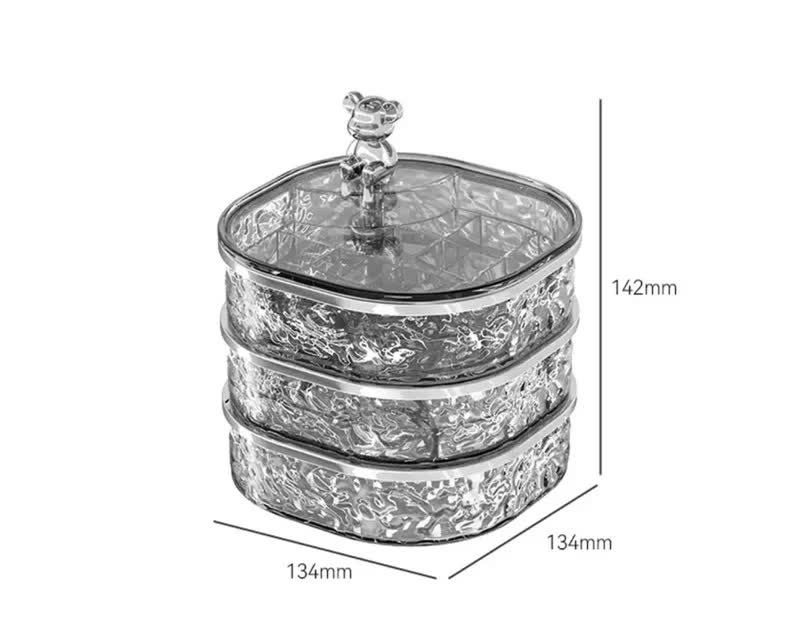 Elegant Crystal Stackable Jewelry Organizer with Bear Handle - 3-Tier Display Box for Accessories 13.4*13.4*14.2cm (grey)