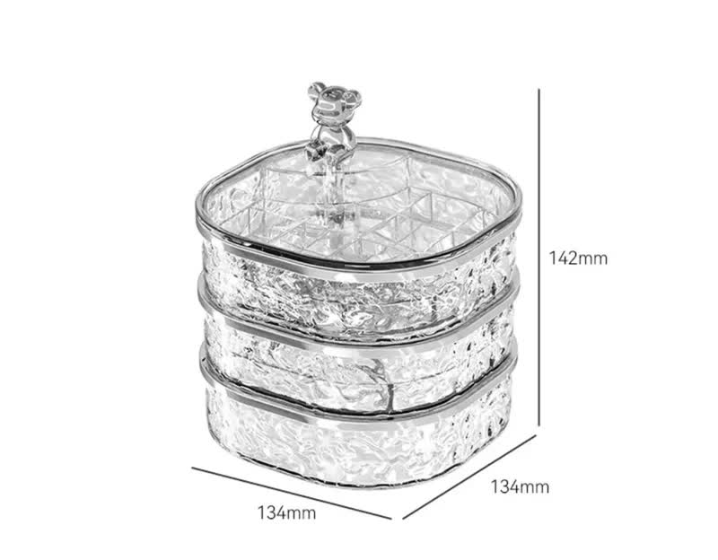 Elegant Crystal Stackable Jewelry Organizer with Bear Handle - 3-Tier Display Box for Accessories 13.4*13.4*14.2cm