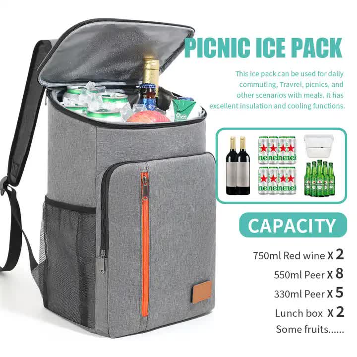 Insulated Cooler Backpack- Stylish Portable Fresh-keeping Picnic Outdoor Backpack and Travel Bag 18L Gray