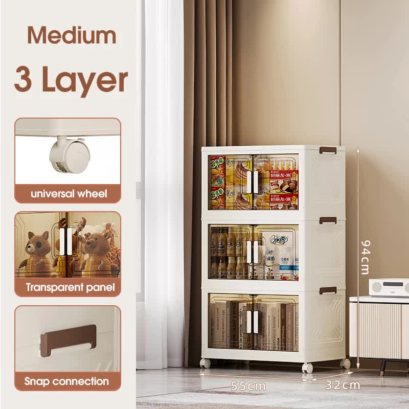 Stackable Storage Boxes with Transparent Doors - Modular Organizer for Home & Pantry 55*32*94cm 3 layer