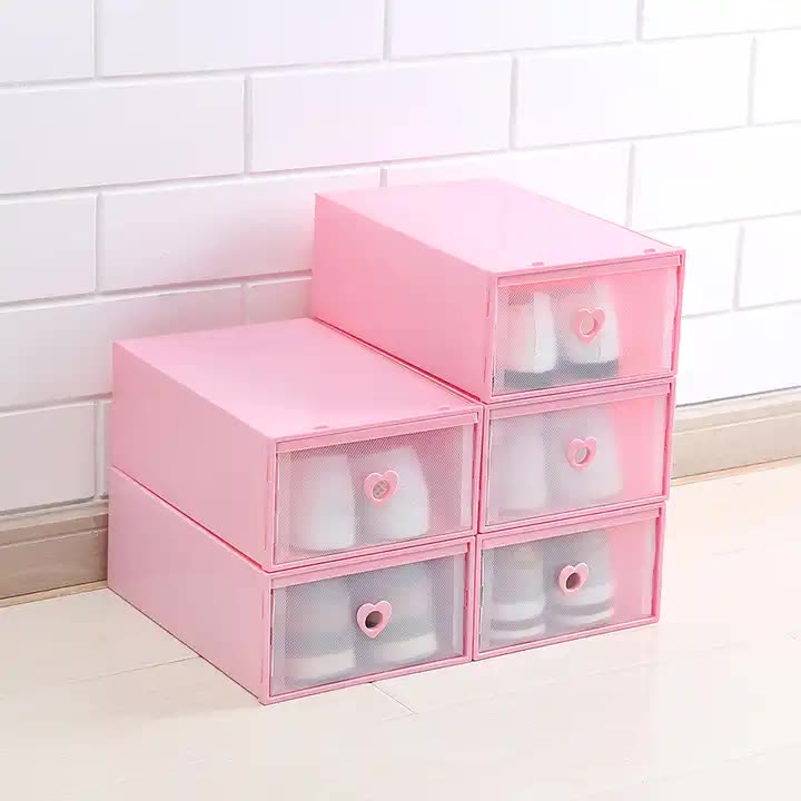Stackable Transparent Shoe Storage Boxes with Heart-Shaped Handles Set of 5 31*20*12cm Pink
