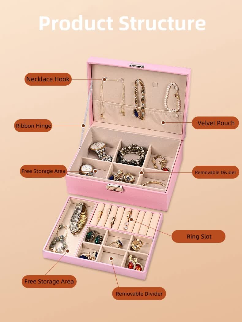 Luxury Jewelry Organizer Box - Elegant Multi-Compartment Storage Case (Pink)23*17*8.8cm