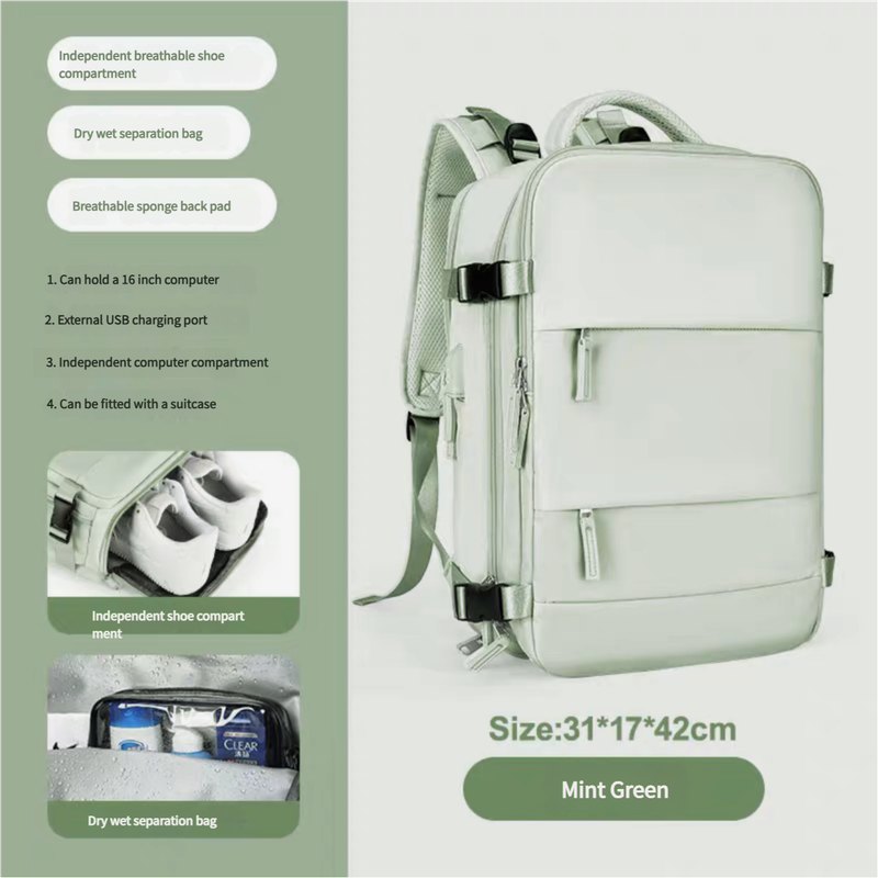 Multi-Compartment Travel Backpack with Shoe Storage and Wet-Dry Separation Mint Green31cmL*17cmW*42cmH