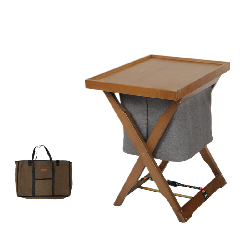 Foldable Wooden Laundry Cart with Detachable Fabric Storage Bag  Walnut Color 45x37x53cm