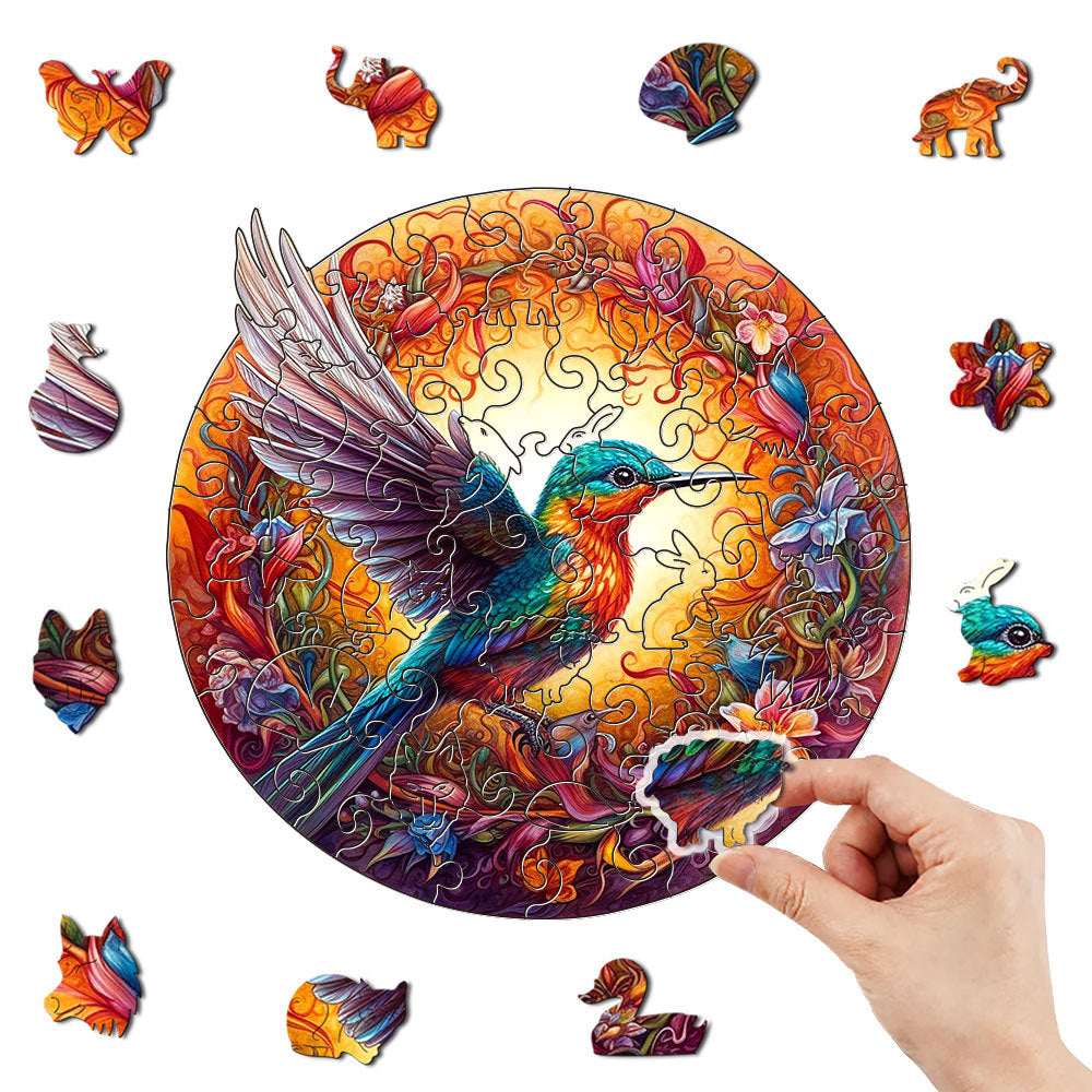 Round Hummingbird Wooden Puzzle - Vibrant Floral Design M-paper box-H159