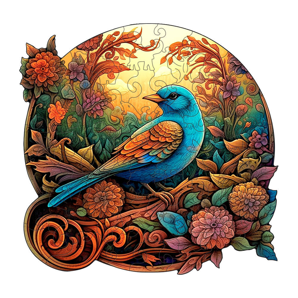 Colorful Bluebird Round Wooden Puzzle - Intricate Floral Art DesignL-paper box-H185