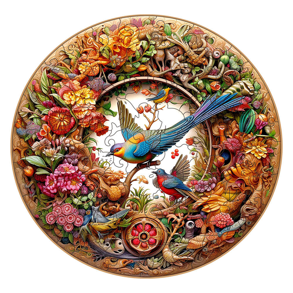 Intricate Garden Birds Round Wooden Puzzle - Vibrant Nature-Themed ArtworkS-paper box-H188