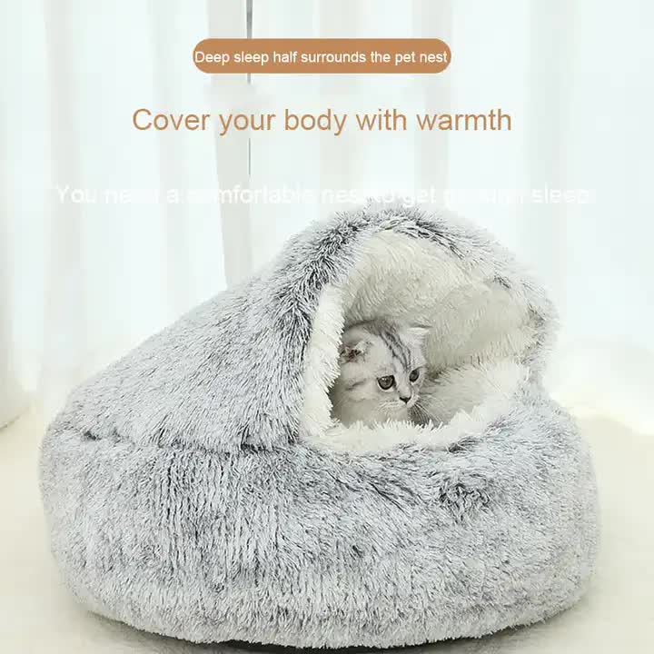 Cozy Coffee Plush Hooded Pet Bed - Ultra Soft Long Fur Cave Bed for Small Pets 50cm