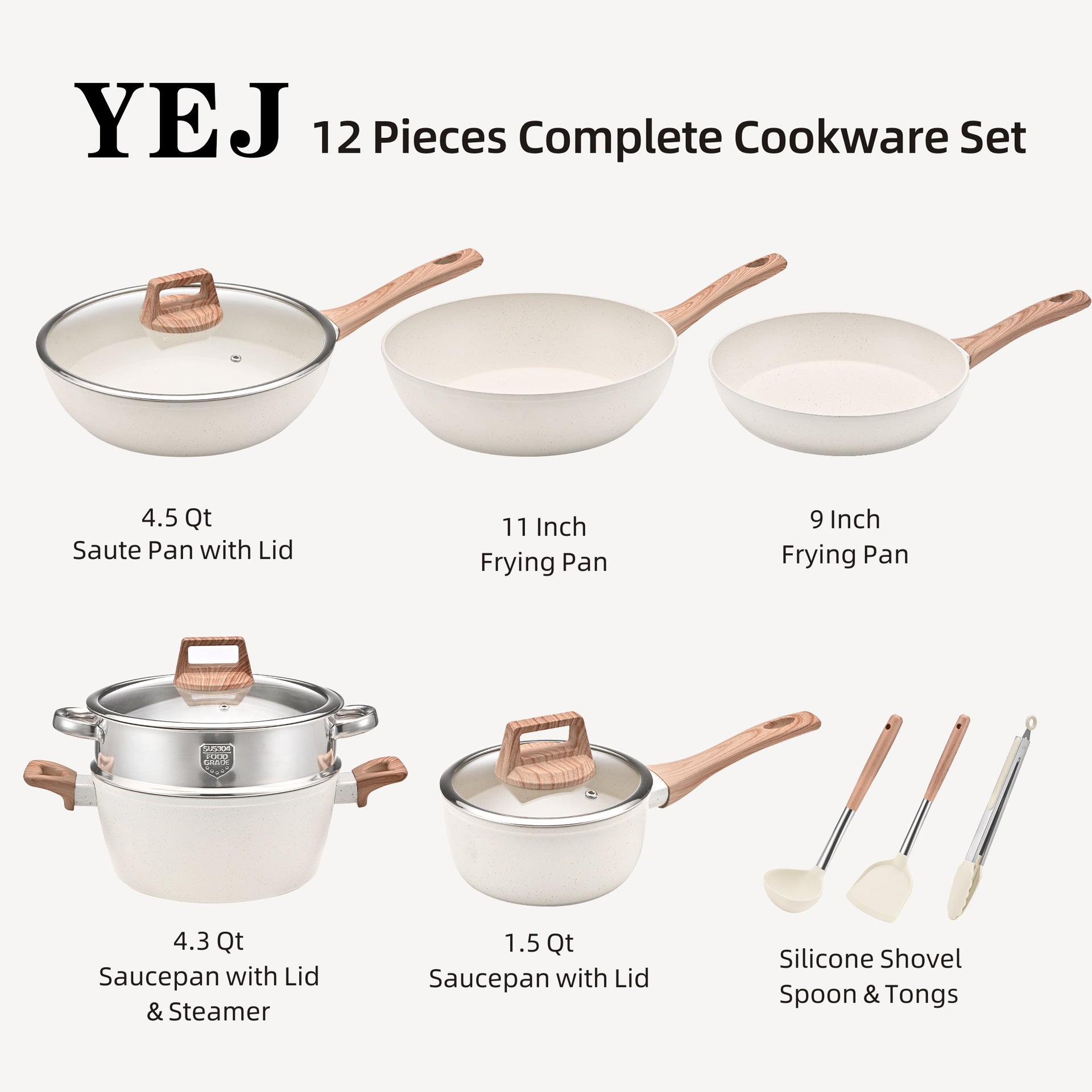 YEJ 12-Piece Non-Stick Complete Cookware Set | Pots, Pans & Utensils  White