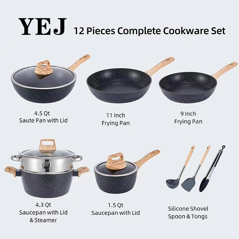 YEJ 12-Piece Non-Stick Complete Cookware Set | Pots, Pans & Utensils  Black