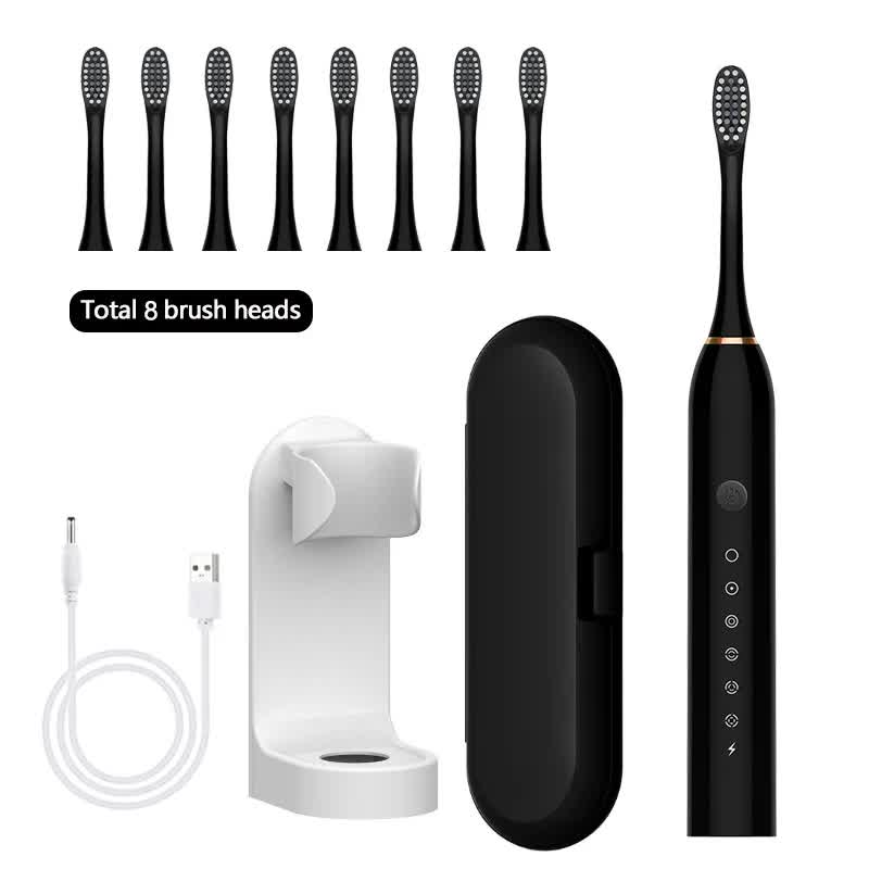 X-3 Sonic Electric Toothbrush in Black, 8 Brush Heads, Travel Case, USB Charging, and Stand Included