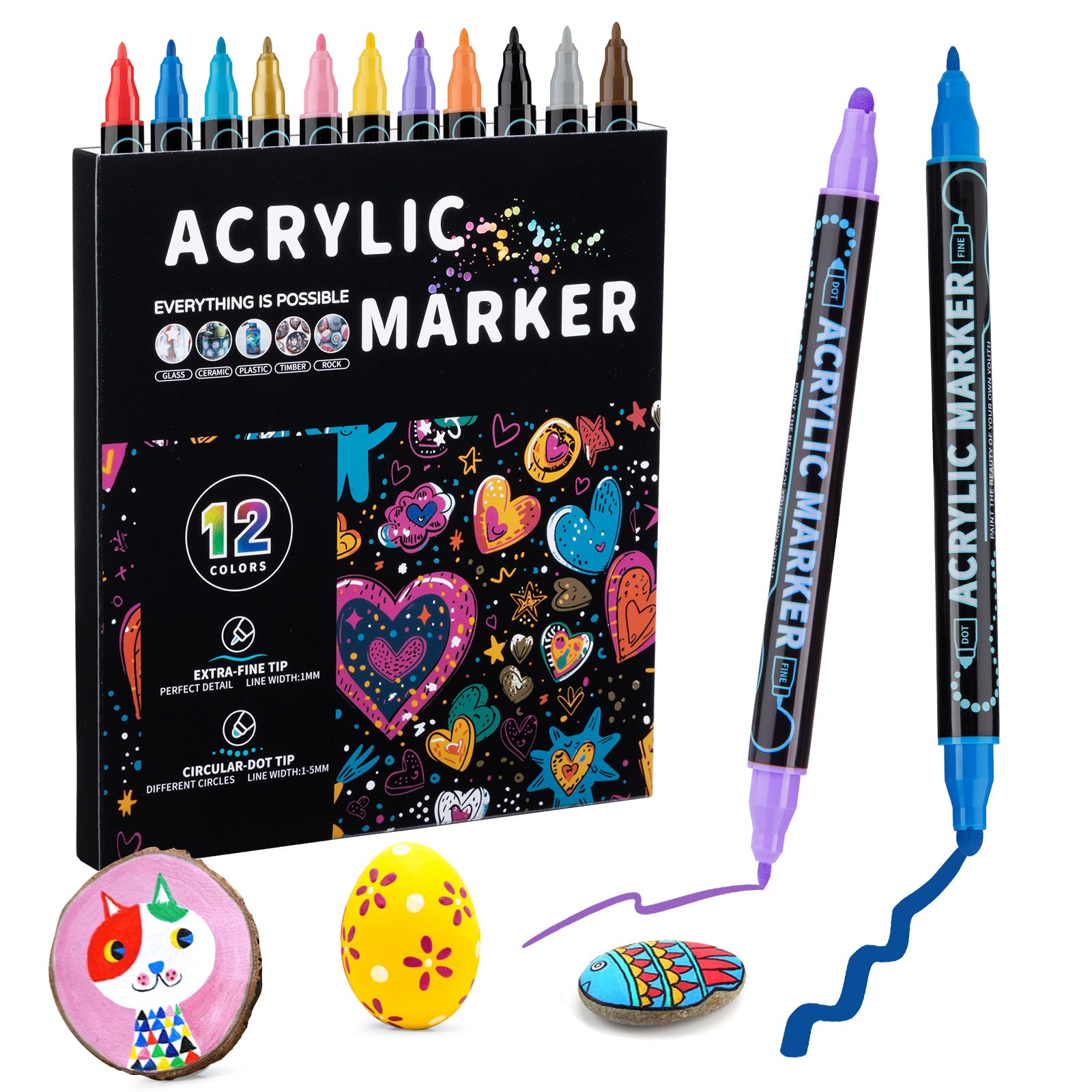 Dual-Tip Acrylic Marker Set - 1-5mm Round Tip & 1mm Fine Tip for Art and Craft Projects 12 colors