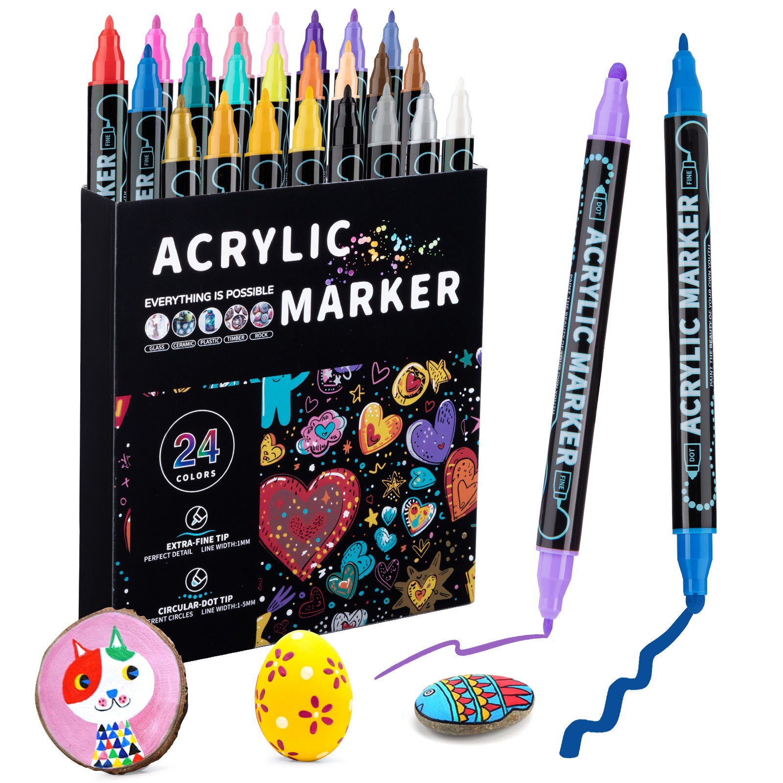 Dual-Tip Acrylic Marker Set - 1-5mm Round Tip & 1mm Fine Tip for Art and Craft Projects 24 colors