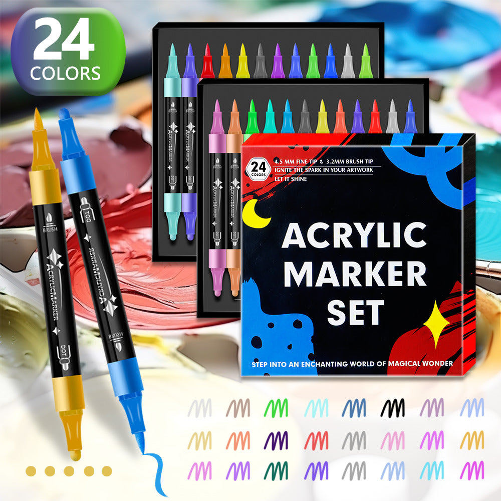 24-Color Dual-Tip Acrylic Marker Set - Fine and Brush Tip for Art Projects and DIY Crafts