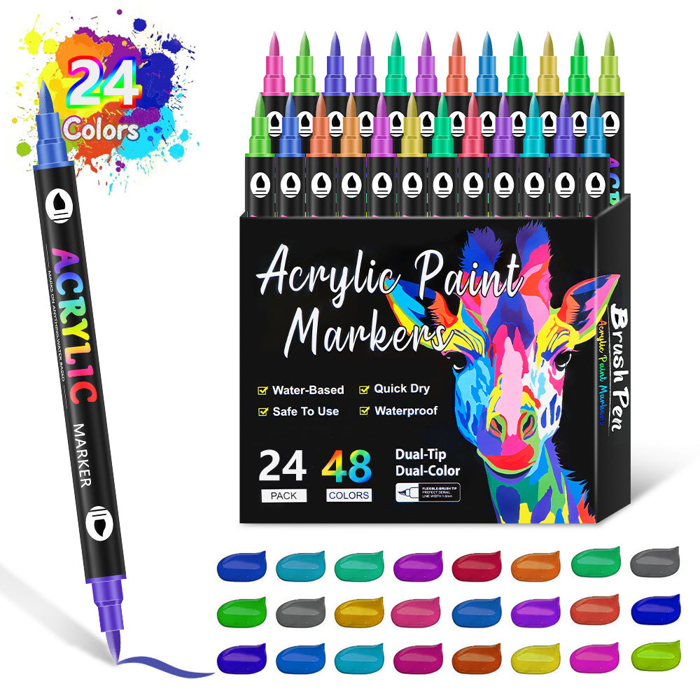 24-Pack Dual-Tip Acrylic Paint Markers - 48 Vibrant Colors, Waterproof & Quick-Dry for Art Projects