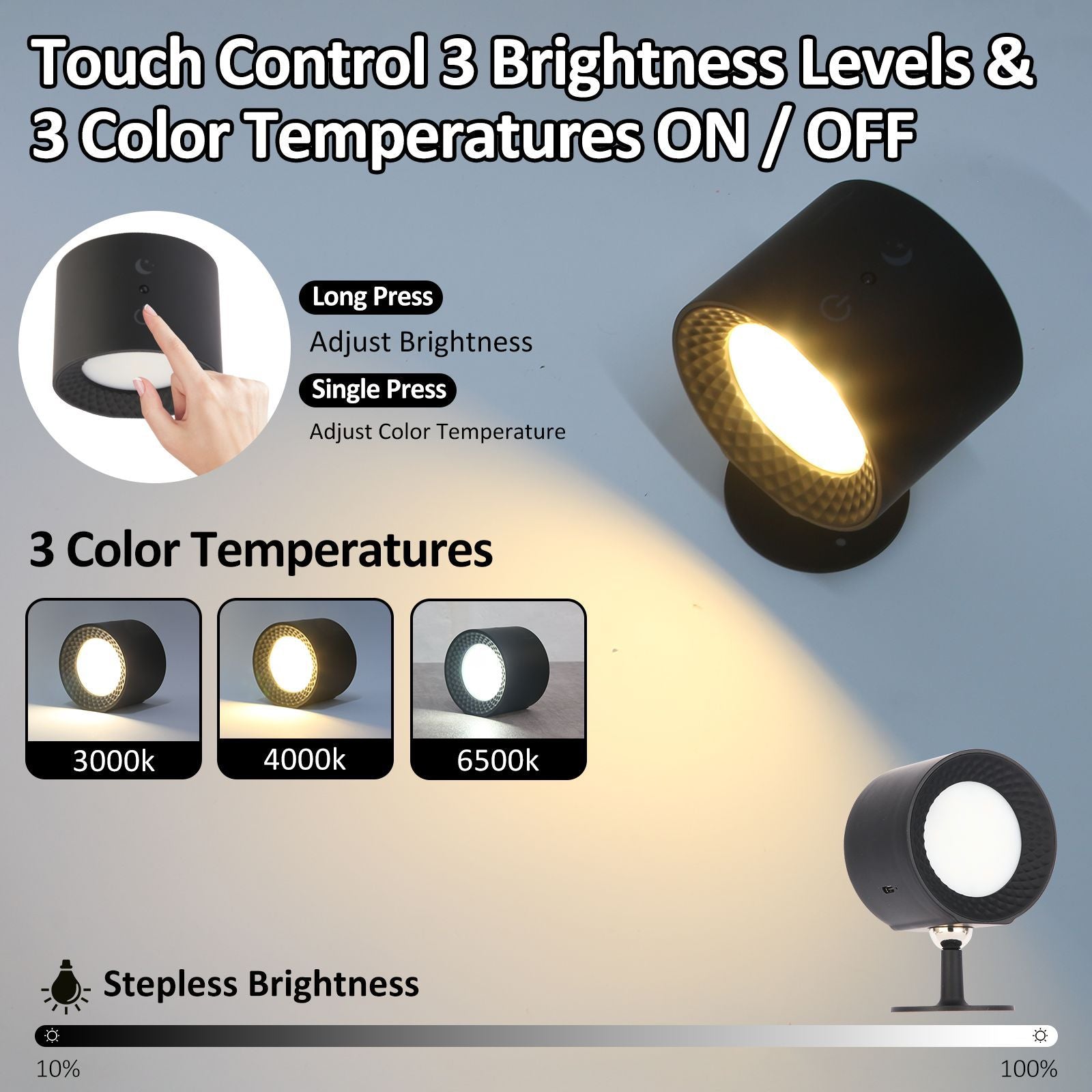 Touch-Control LED Night Light with 3 Brightness Levels & 3 Color Temperatures - Adjustable Stepless Dimming for Home & Office