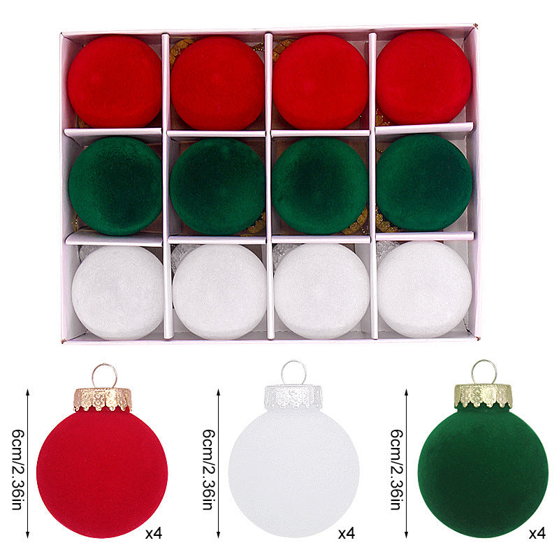 12-Piece Velvet Christmas Ornament Set - Classic Red, Green, and White Baubles for Holiday Tree Decoration 6cm
