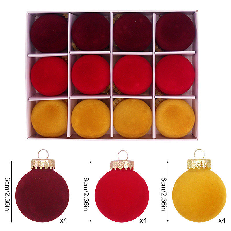 12-Piece Velvet Christmas Ornament Set - Classic Wine Red, Red, and Yellow Baubles for Holiday Tree Decoration 6cm