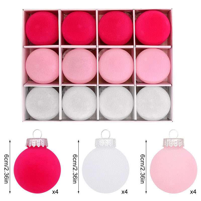 12-Piece Velvet Christmas Ornament Set - Classic Red, Pink, and White Baubles for Holiday Tree Decoration 6cm
