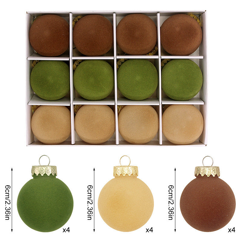 12-Piece Velvet Christmas Ornament Set - Classic Coffee, Green, and Brown Baubles for Holiday Tree Decoration 6cm