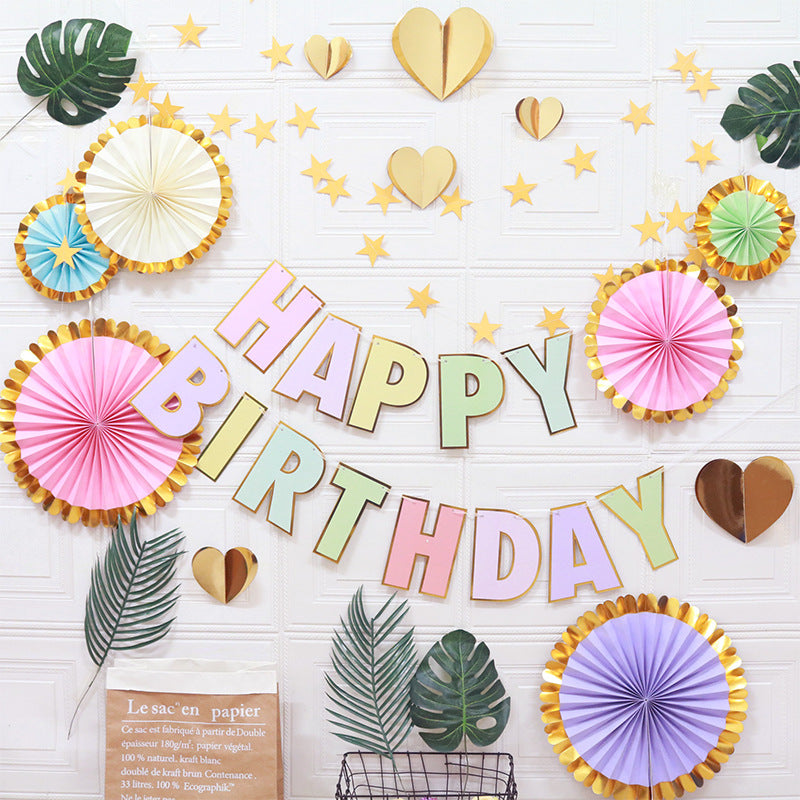 Happy Birthday Party Decoration Set -  Fan Decorations, Hearts, Stars & Banner