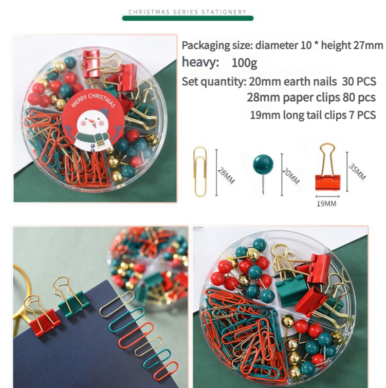 B41025 Christmas Stationery Set - Festive Binder Clips, Paper Clips, and Push Pins in Holiday Colors2 set