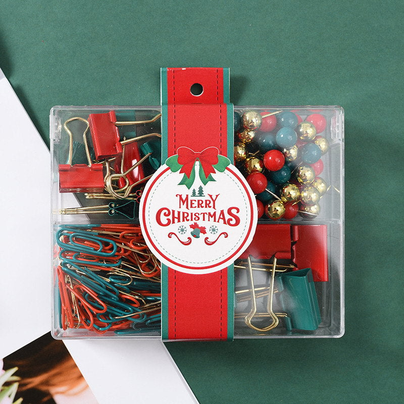 S11012 Christmas Stationery Set - Festive Binder Clips, Paper Clips, and Push Pins in Holiday Colors2 set