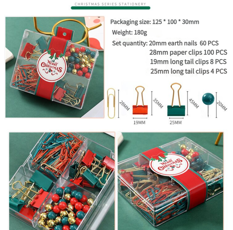 S11012 Christmas Stationery Set - Festive Binder Clips, Paper Clips, and Push Pins in Holiday Colors(2 set)