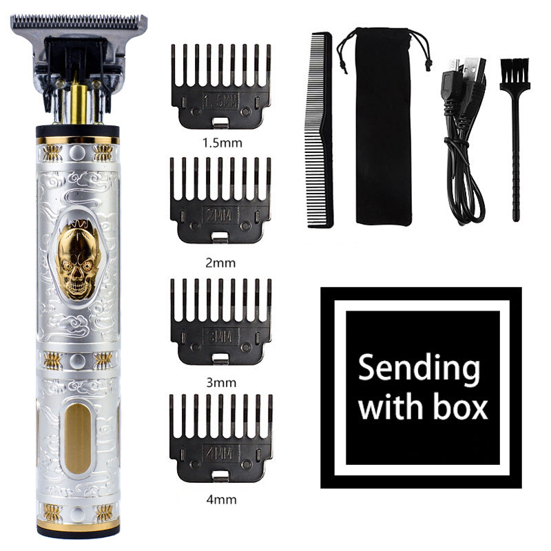 Vintage Skull Design Cordless Hair Trimmer - Professional Grooming Kit with Adjustable Guards, USB Charging, and Accessories