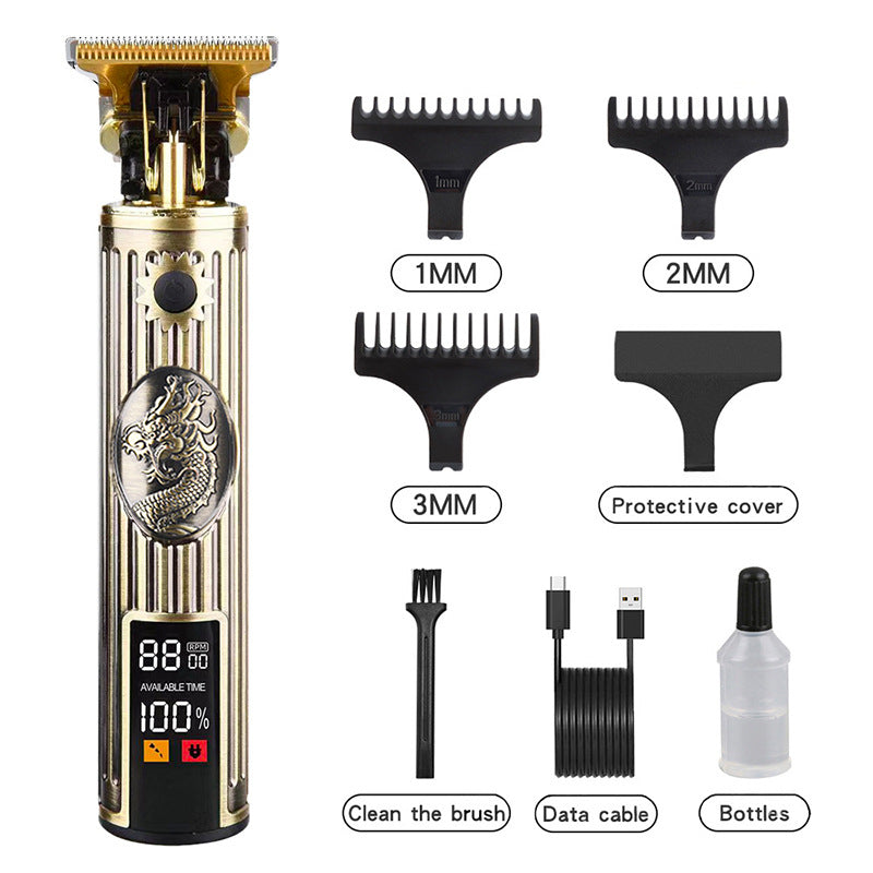 Professional Vintage Dragon Design Hair Trimmer - Digital Display Cordless Trimmer with Adjustable Guards and USB Charging