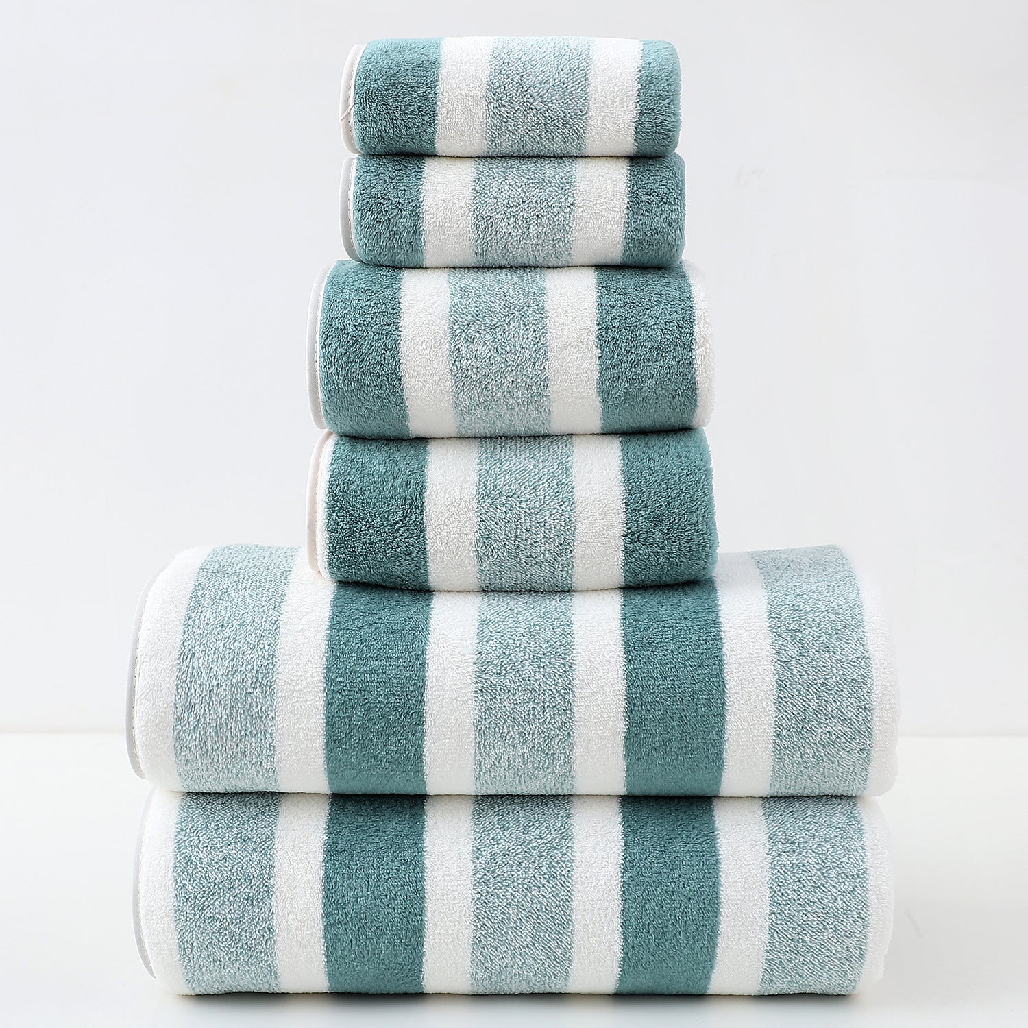 Luxury Cotton Green Wide Stripe Towel Set - 6 Piece Set 2 Hand Towels, 2 Bath Towels, 2 Washcloths, Ultra Soft and Absorbent