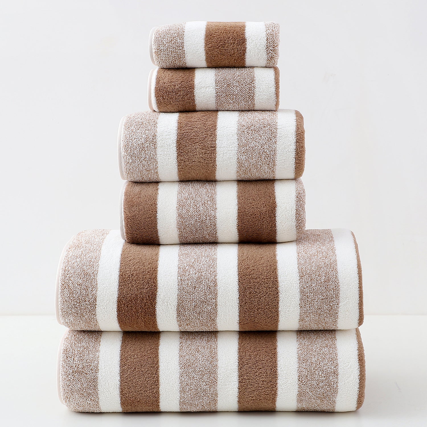 Luxury Cotton Brown Wide Stripe Towel Set - 6 Piece Set 2 Hand Towels, 2 Bath Towels, 2 Washcloths, Ultra Soft and Absorbent