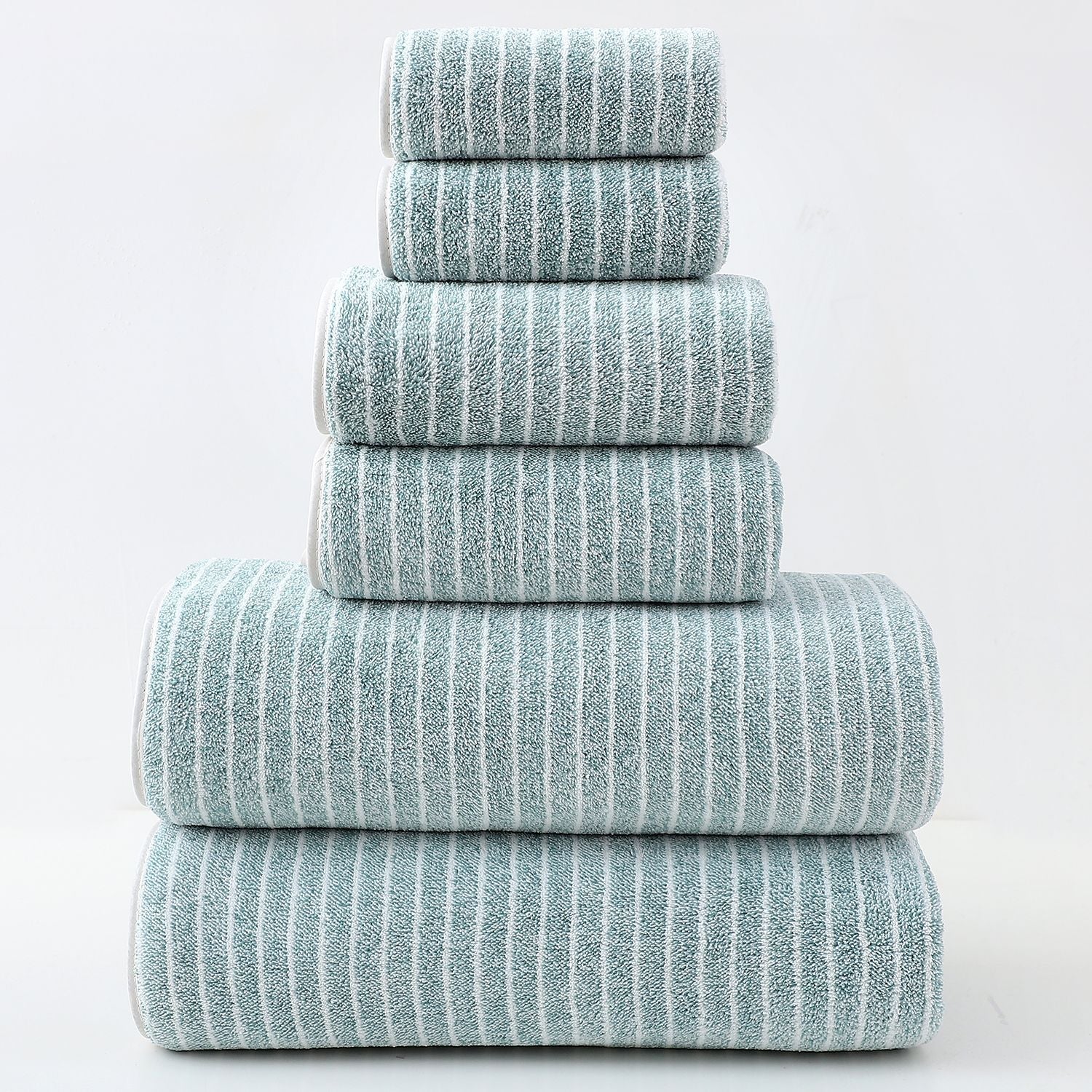 Luxury Cotton Striped Towel Set - 6 Piece Set 2 Hand Towels, 2 Bath Towels, 2 Washcloths, Ultra Soft and Absorbent  Green
