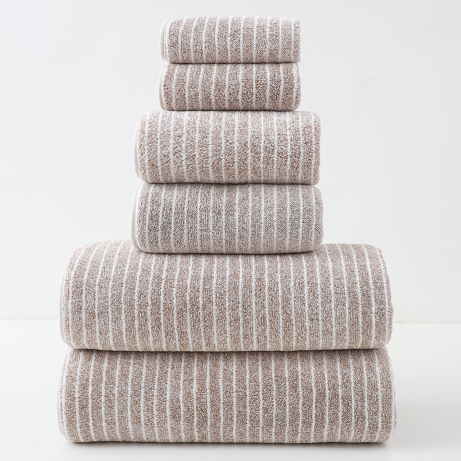Luxury Cotton Striped Towel Set - 6 Piece Set 2 Hand Towels, 2 Bath Towels, 2 Washcloths, Ultra Soft and Absorbent  Brown