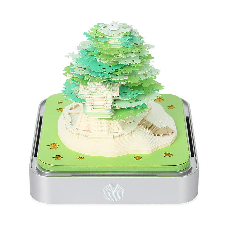 Green Tree House Blossom 3D Paper Sculpture Night Light with Memo Pad, Silver Base - Elegant Gift Set for Home & Office