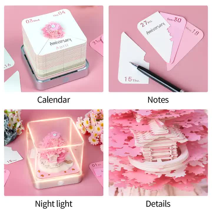 Pink Tree House 3D Paper Sculpture Night Light with Notepad, Silver Base - Elegant Gift Set for Home and Office