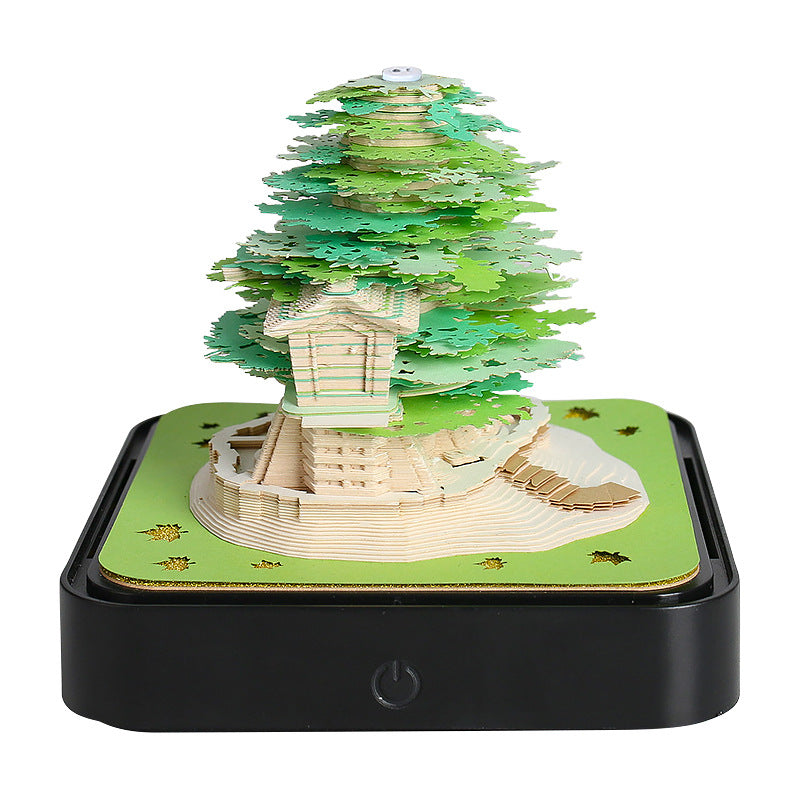 Green Tree House Blossom 3D Paper Sculpture Night Light with Memo Pad, Black Base - Elegant Gift Set for Home & Office