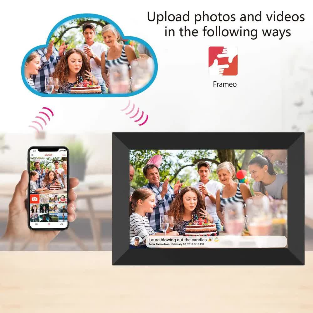 10.1-Inch Wooden Frame WiFi Digital Photo Frame - 32GB Storage, IPS Touchscreen, App Remote Sharing