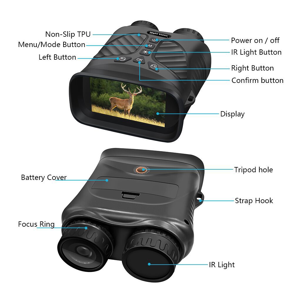 Black Digital Night Vision Binoculars - 3.0'' IPS Screen, 10X Optical Zoom, 2.5K Video Recording, Infrared for 300m Range