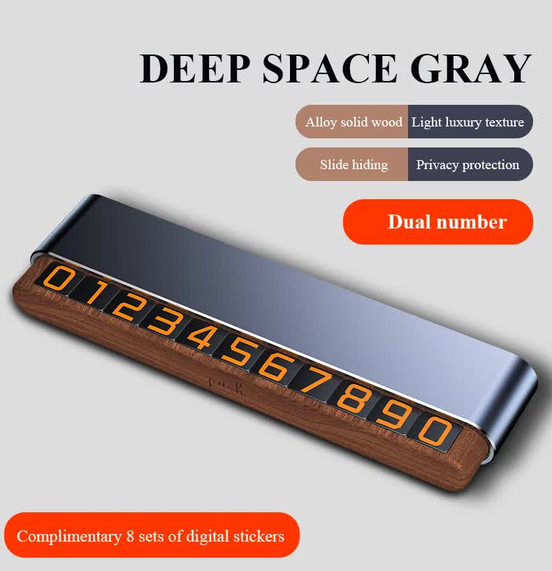 Gray Dual-Number Alloy and Wood Temporary Parking Card - Sliding Privacy Design, Includes 8 Number Sets