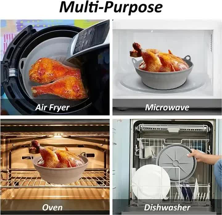 3D Round Air Fryer Silicone Liners - Food-Grade, Non-Stick, Reusable Basket Mats for Air Fryers, Ovens, and Microwaves 4 PCS Gray