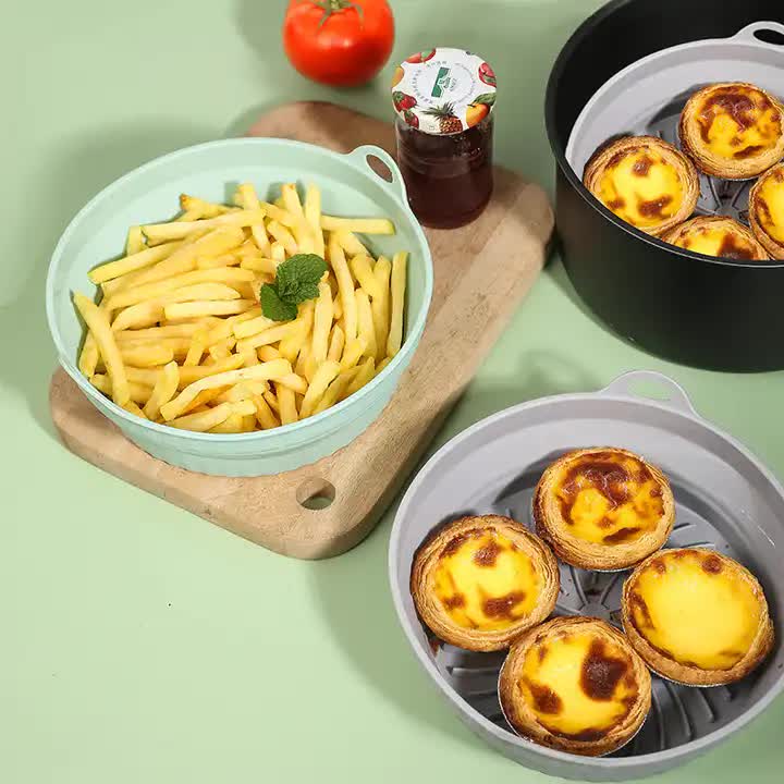 3D Round Air Fryer Silicone Liners - Food-Grade, Non-Stick, Reusable Basket Mats for Air Fryers, Ovens, and Microwaves 4 PCS Gray