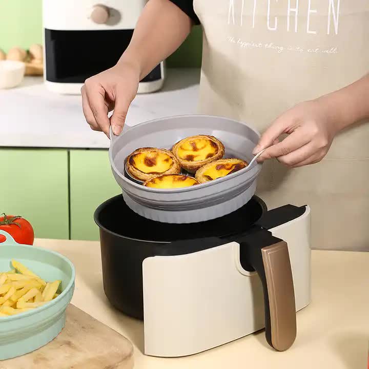 3D Round Air Fryer Silicone Liners - Food-Grade, Non-Stick, Reusable Basket Mats for Air Fryers, Ovens, and Microwaves 4 PCS Gray