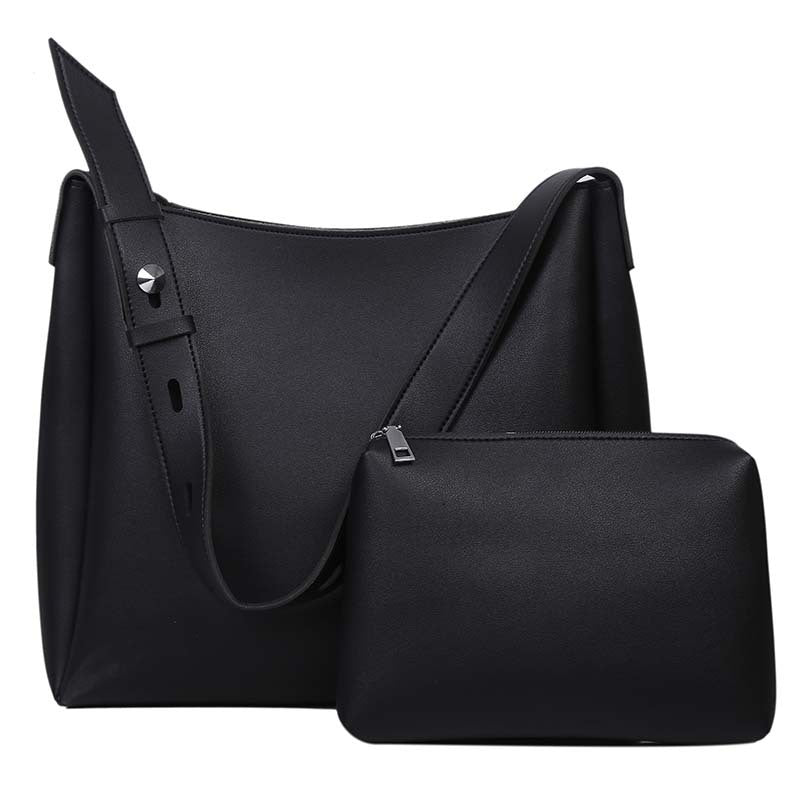 Black 2-Piece Women's Bucket Bag Set - Vintage Large Capacity Shoulder Tote & Crossbody Bag Commuter Style