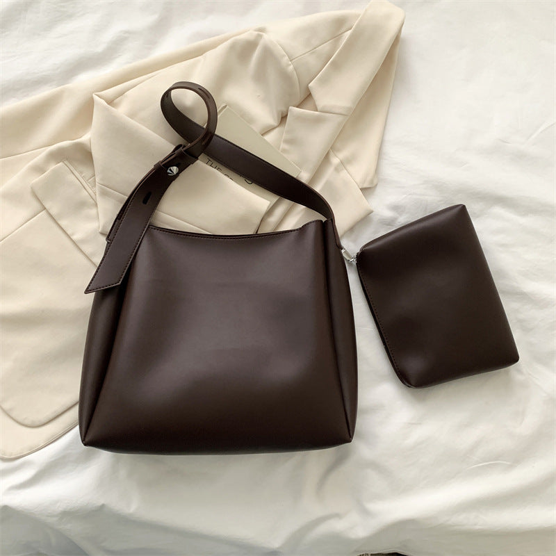 Coffe 2-Piece Women's Bucket Bag Set - Vintage Large Capacity Shoulder Tote & Crossbody Bag Commuter Style