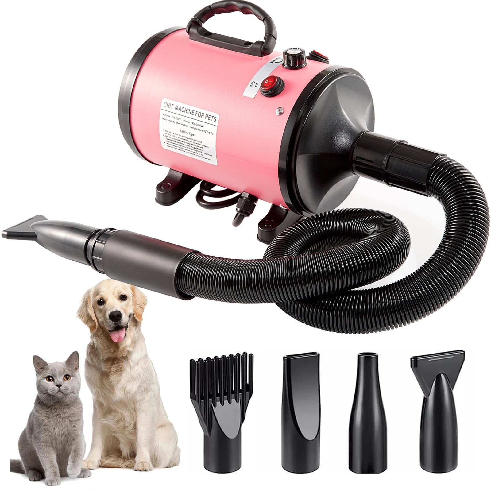 Pet Hair Dryer with Multiple Nozzles - Powerful and Quiet for Dogs and Cats Pink