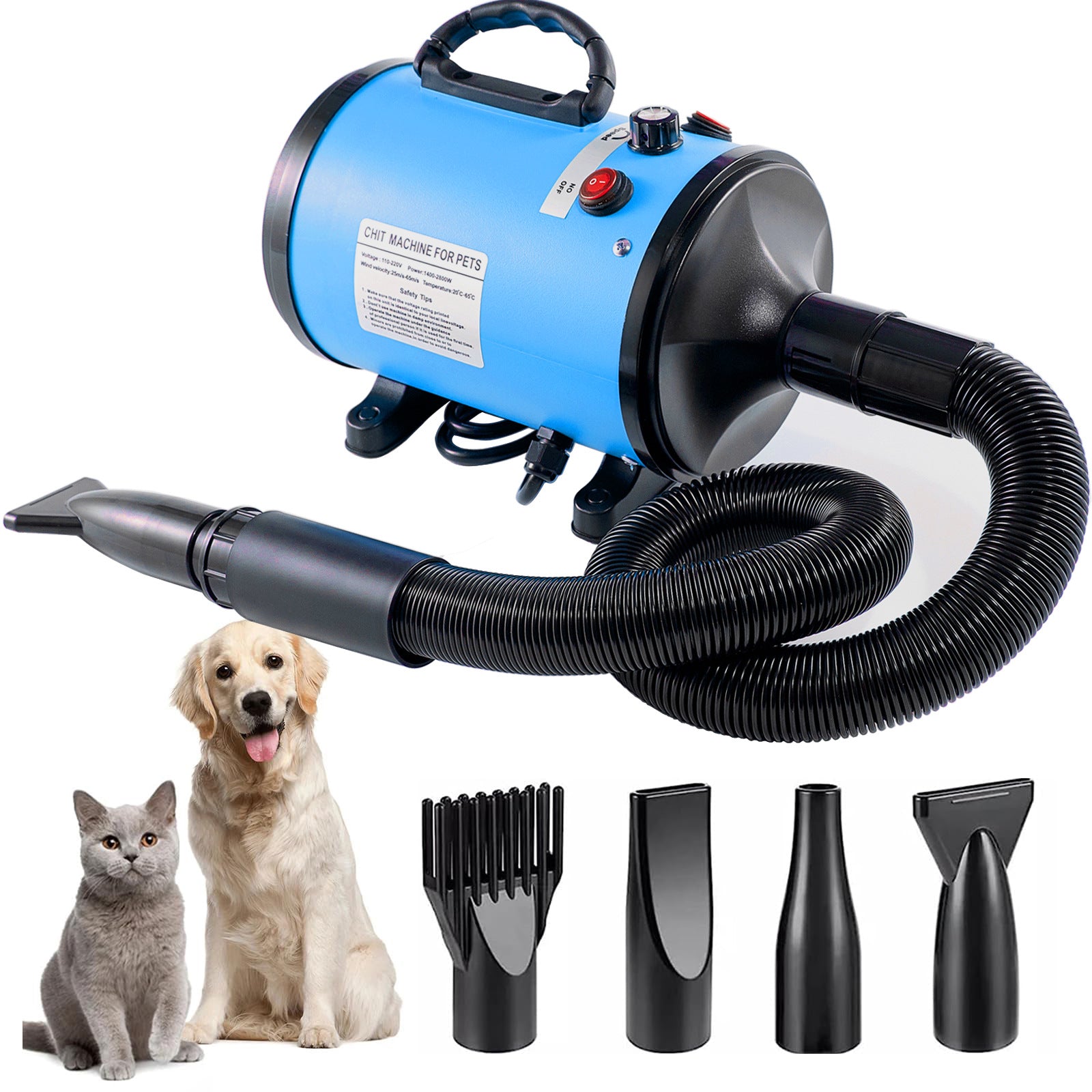 Pet Hair Dryer with Multiple Nozzles - Powerful and Quiet for Dogs and Cats Blue